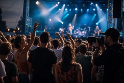 Público de un concierto al aire libre frente al escenario iluminado